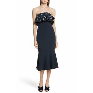 Cinq a Sept Eza Midi Embroidered Ruffle Dress in Navy Blue 2 New